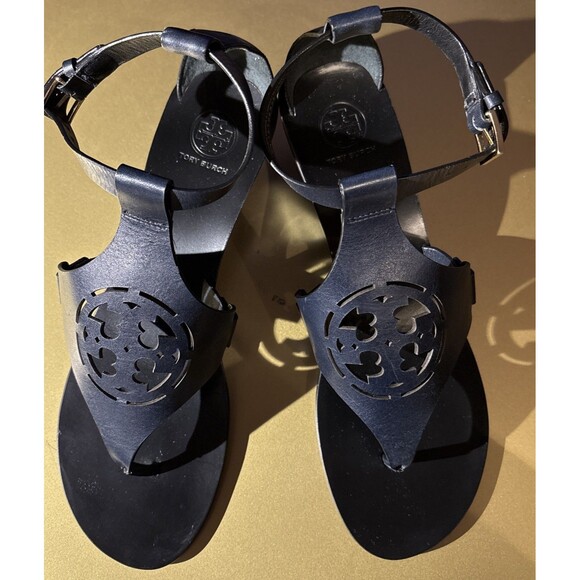 Tory Burch Leather Navy Zoey Wedge Heel Sandal Size 11M New With Box - Picture 3 of 11